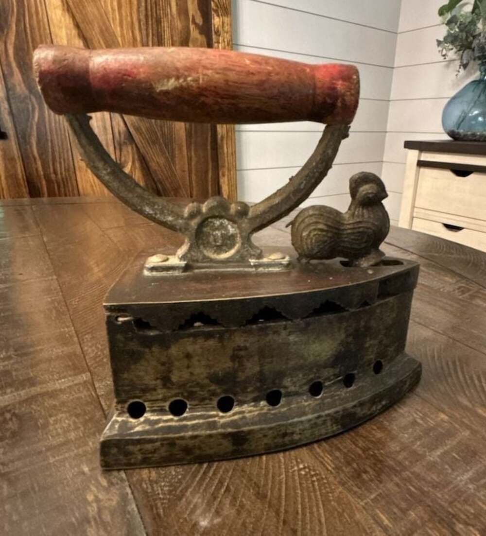 Antique Cast Iron Charcoal Iron with Rooster Latch and Wood Handle